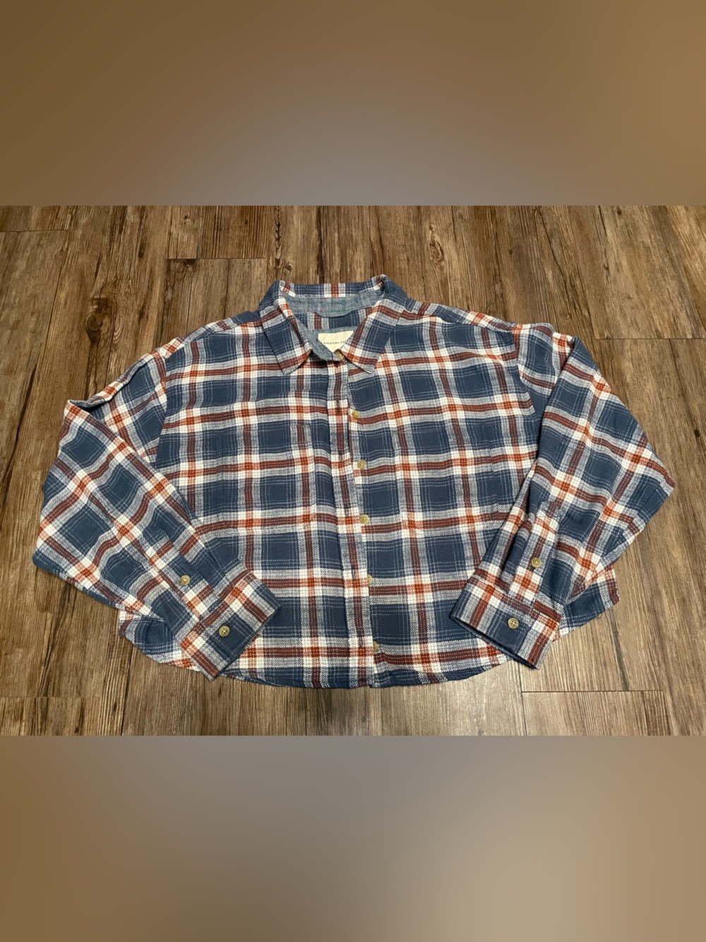 American Eagle Outfitters Blue and Rust Plaid Button-Down Shirt